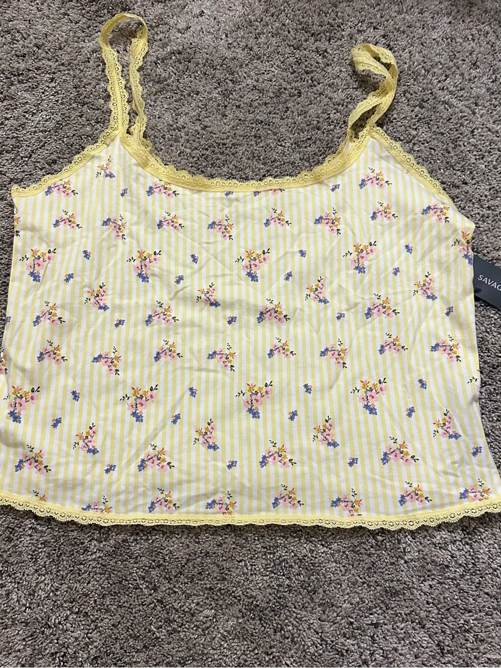 #126 Savage X Fenty Yellow Striped Floral Lace-Trim Cami